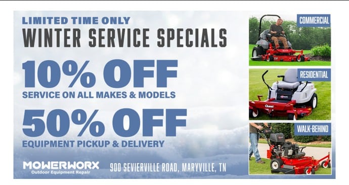 Mowerworx offers their winter service special to help keep lawnmower repair costs down! Only until 2/28/25
